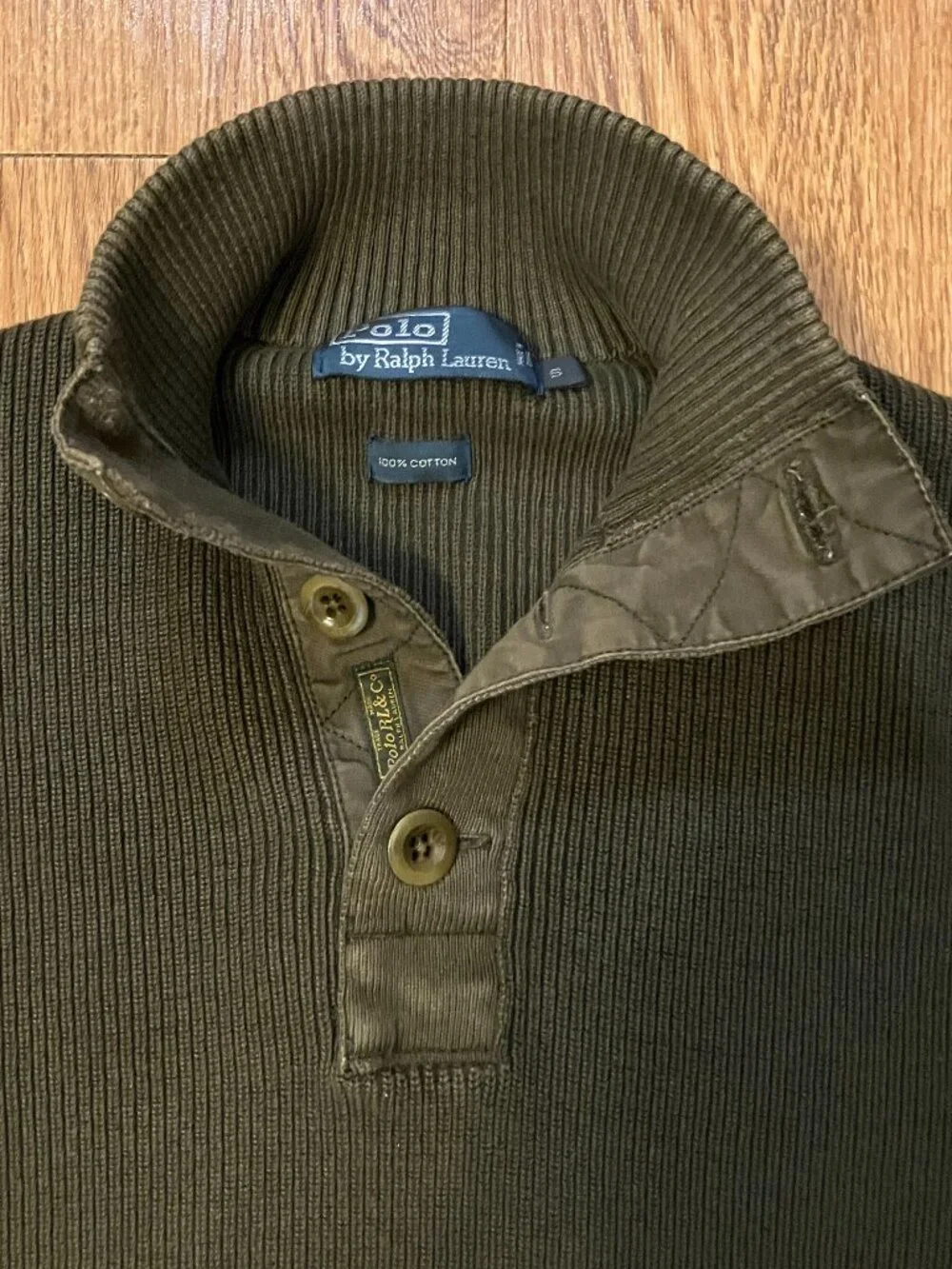 Vtg Polo Ralph Lauren Mock Neck Button Sweater Small Olive Green Cotton Military